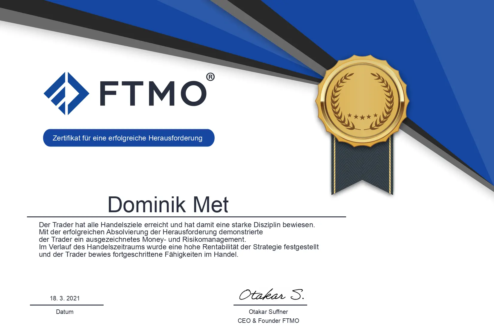 ELALIHOLDING Nachweis – FTMO Certificate 1300001970